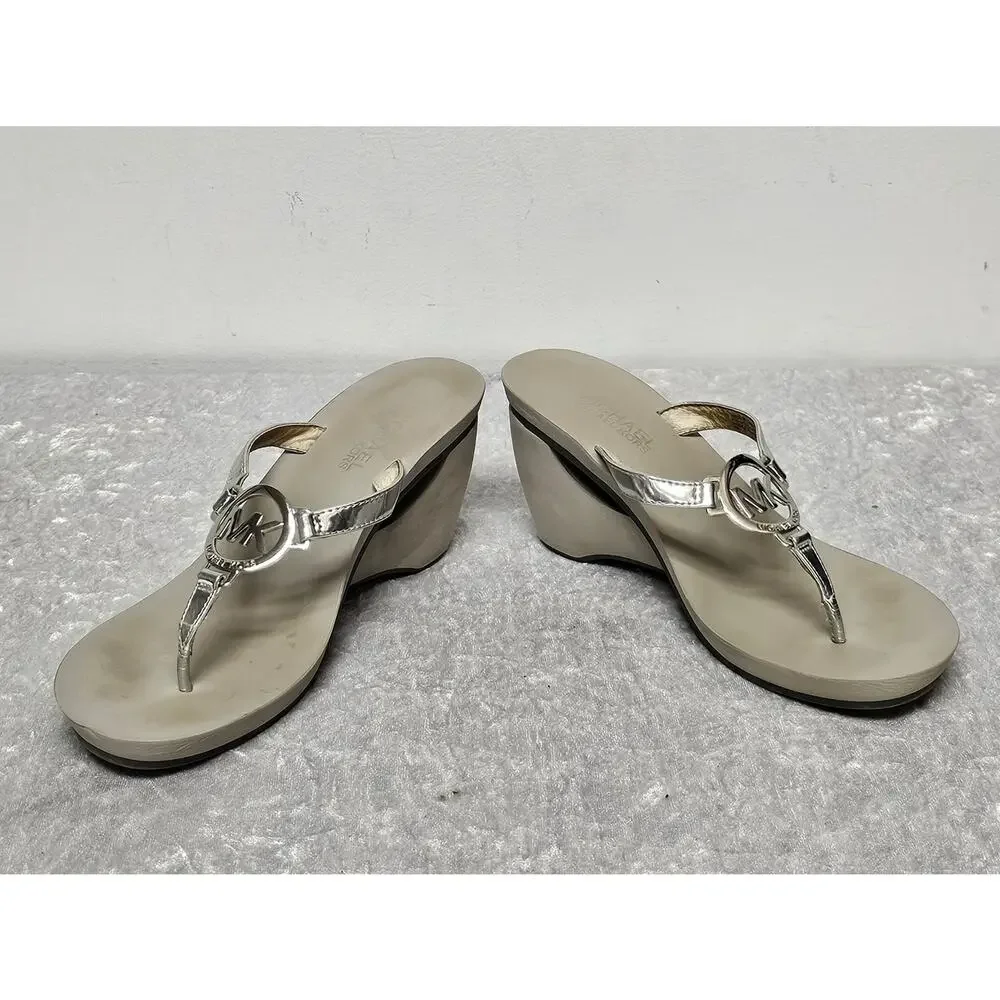 Michael Kors Warren Women Metallic T-Strap Thong Wedge Sandals-Size 7M